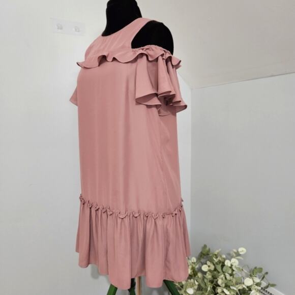 Amanda Uprichard Cold Shoulder Pirouette Henna Mauve Pink Ruffled Dress Large - Picture 6 of 13